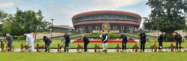 PM Modi and BRICS leaders plant saplings at Bharat Mandapam